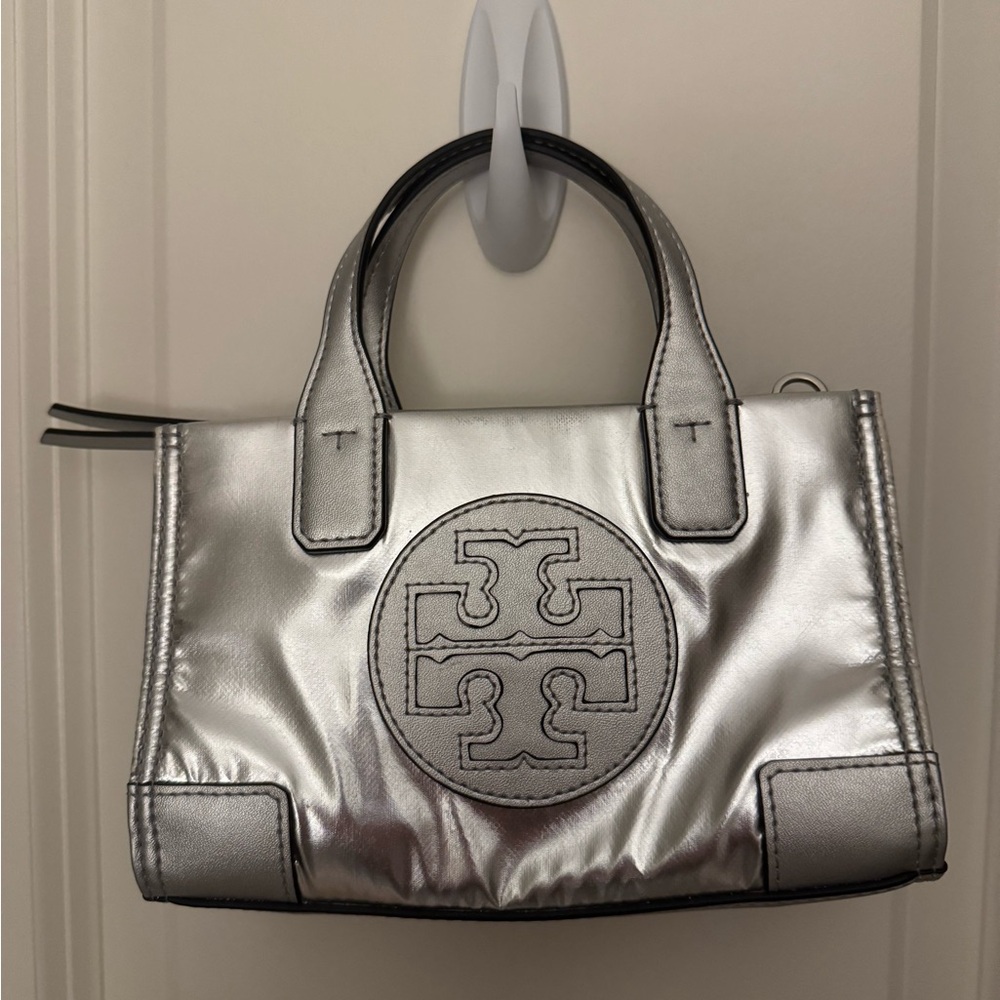 Tory Burch Ella Metallic Silver Micro Tote